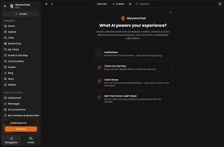 WyvernChat onboarding screen asking which AI provider to use, with four options