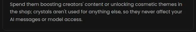 WyvernChat onboarding text explaining that crystals are cosmetic and do not affect messages