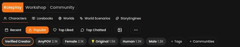 WyvernChat Explore filter bar with content types, sort buttons and tag chips