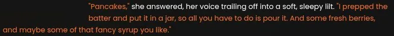 Excerpt of a WyvernChat character reply about pancake batter prepared for breakfast