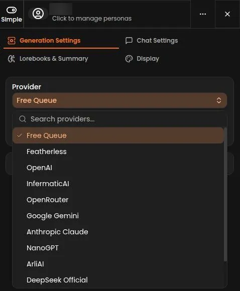 WyvernChat chat settings panel with the provider dropdown open and Free Queue selected