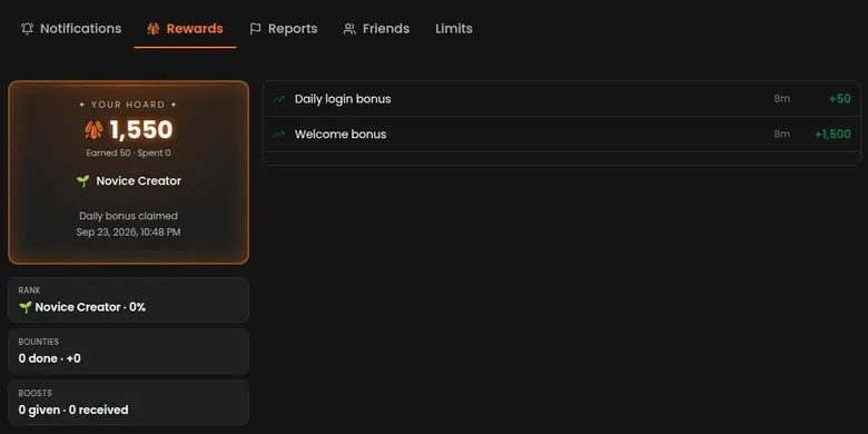 WyvernChat dashboard rewards tab with a crystal balance and welcome and daily bonus entries