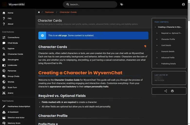 WyvernWiki character card guide page with a sidebar of core and paid features