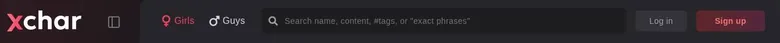 xchar top bar with Girls and Guys switch, search field and Log in and Sign up buttons