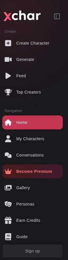 xchar sidebar menu listing Create Character, Generate, Feed, Top Creators, Personas and Earn Credits