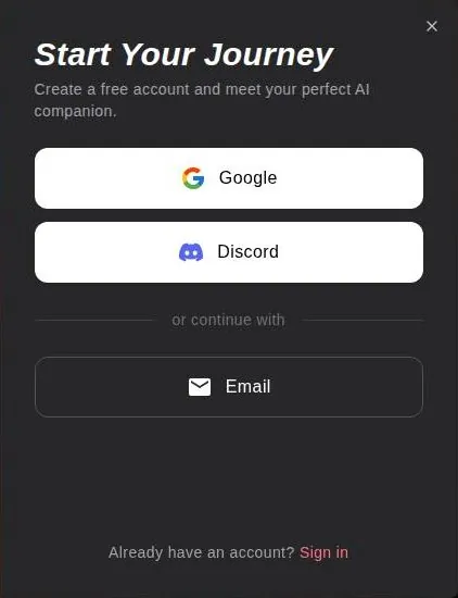 xchar sign-up panel with Google, Discord and Email buttons
