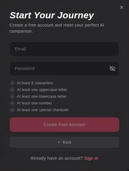 xchar e-mail sign-up form with password rules and a Create Free Account button