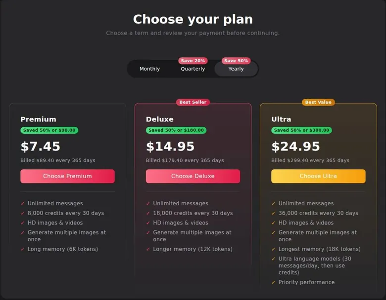 xchar plan page with Premium, Deluxe and Ultra cards on the yearly term