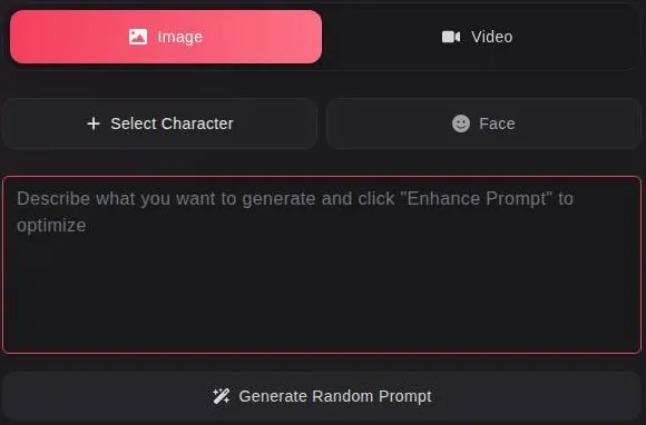 xchar generator with Image and Video switch, character and face buttons and a prompt box