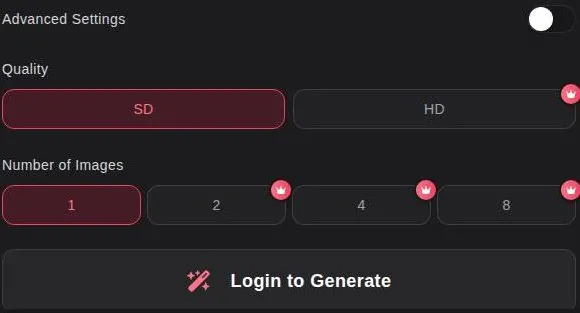 xchar generator settings for image quality and number of images with crown icons on paid options