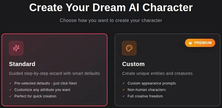 xchar character creation choice between Standard wizard and Custom mode with a premium badge