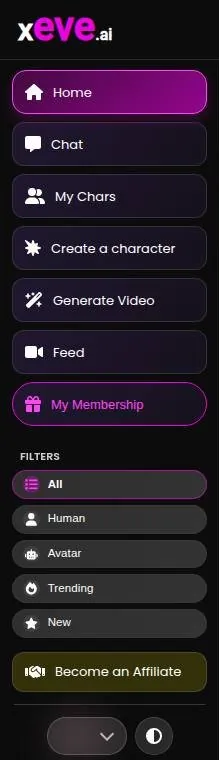 Xeve.ai side menu with links for chat, character creation, video generation and category filters