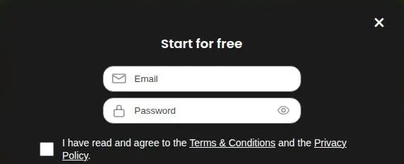 Xeve.ai Start for free modal with e-mail and password fields and a terms checkbox