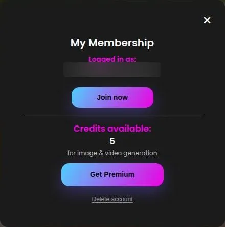 Xeve.ai My Membership window with a credit balance, upgrade buttons and a delete account link
