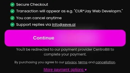 Xeve.ai checkout notes with the statement descriptor, a Continue button and a payment provider note
