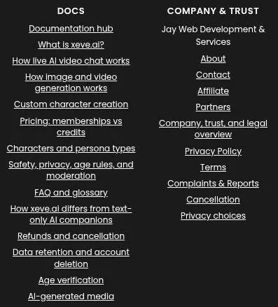 Xeve.ai footer with documentation links and company and legal links