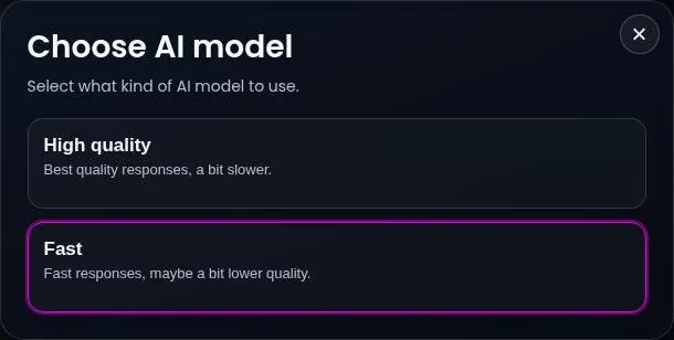 Xeve.ai model picker with a High quality option and a Fast option