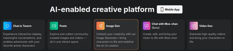 Moescape home page headline with feature cards for Tavern chat, posts, image generation, Moe-chan and video generation