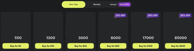 Six one-time Mochi packs on Moescape with their buy buttons and discount badges on the larger packs