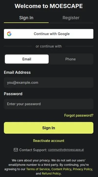 Moescape sign-in panel with e-mail and phone options, password field and links to the policies