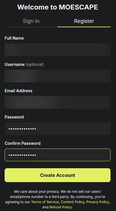 Moescape register form with name, username, e-mail and password fields and a Create Account button
