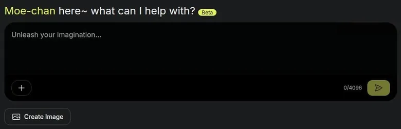 Moe-chan assistant page with a large prompt box, a character counter and a Create Image button