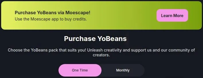 Yodayo credit page banner telling buyers to purchase YoBeans through the Moescape app