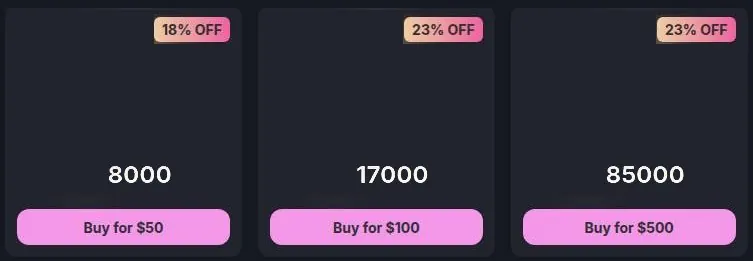 Three YoBeans packs on the Yodayo site with discount badges and buy buttons