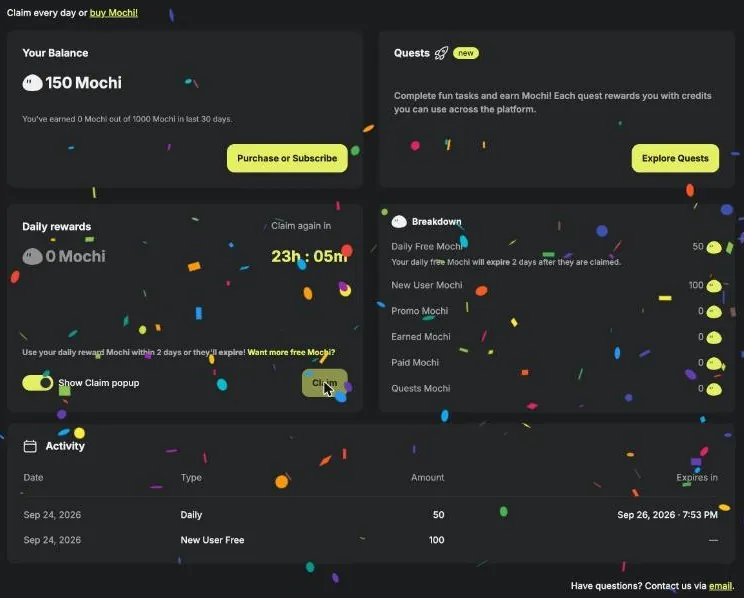 Moescape balance page with the daily reward claimed, a credit breakdown by source and an activity log