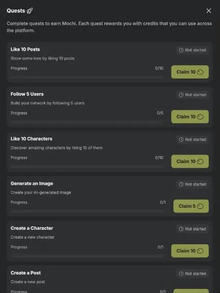 Moescape quests list with tasks such as liking posts, following users and creating a character, each with a claim button