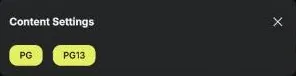 Moescape content settings modal with two rating buttons, PG and PG13