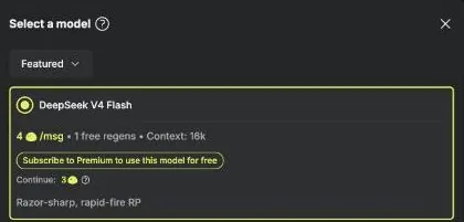 Moescape model picker showing a chat model card with its per-message credit cost and context size