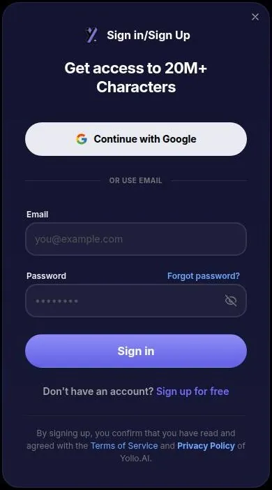 Yollo AI sign-in window with a Google button and email and password fields