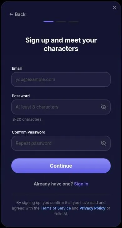 Yollo AI sign-up form with email, password and confirm password fields