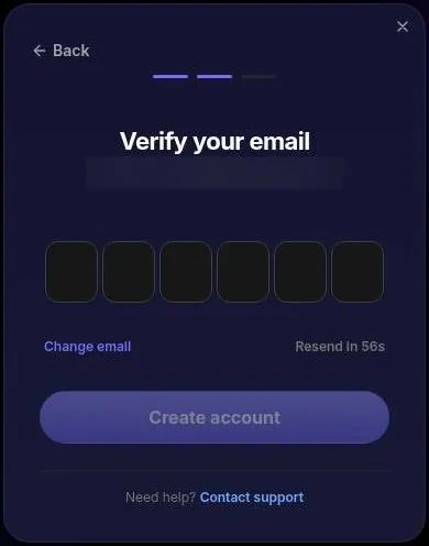 Yollo AI email verification step with six empty code boxes