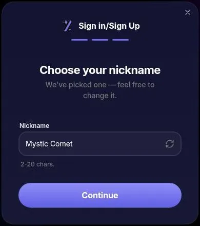 Yollo AI nickname step with a suggested random nickname