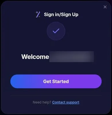 Yollo AI welcome screen after sign-up with a Get Started button