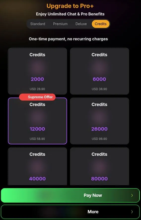 Yollo AI credit pack store with six credit bundles