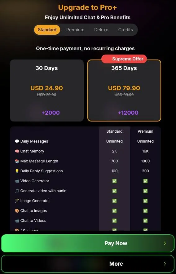 Yollo AI Standard plan cards for 30 and 365 days with a feature table