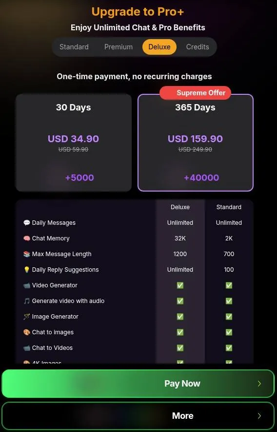 Yollo AI Deluxe plan cards for 30 and 365 days with a comparison table