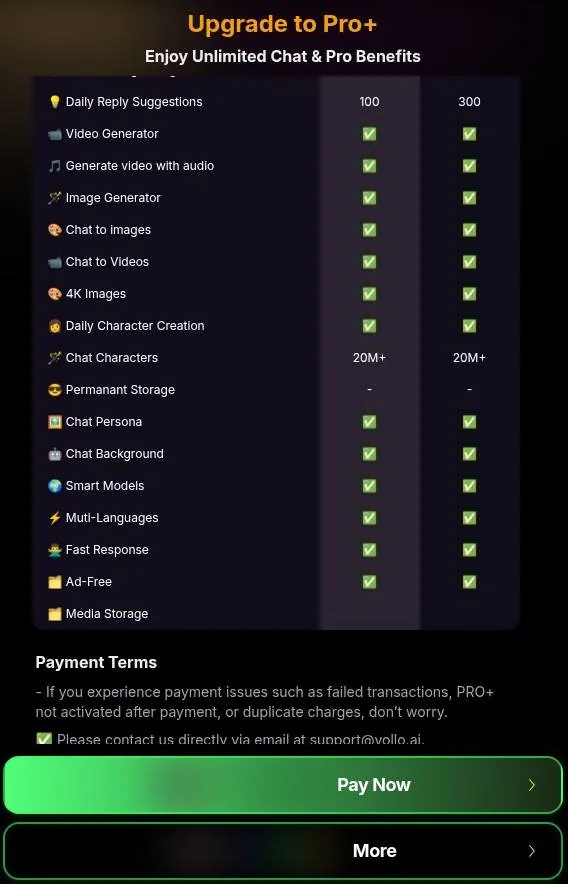Yollo AI plan feature table with ticks and a payment terms note