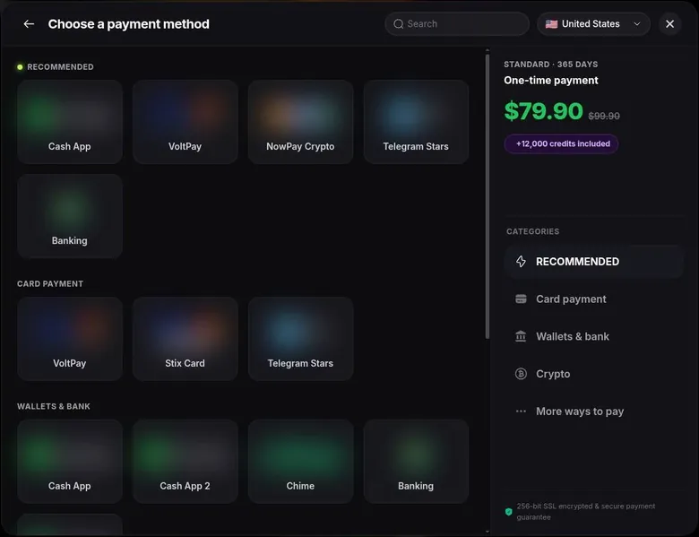 Yollo AI payment method picker listing third-party processors