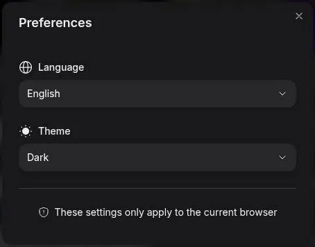 Yollo AI preferences dialog with only language and theme options