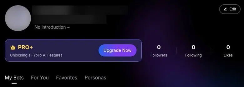 Yollo AI profile page header with follower counts and bot and persona tabs