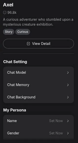 Yollo AI chat side panel with model, memory, background and persona settings