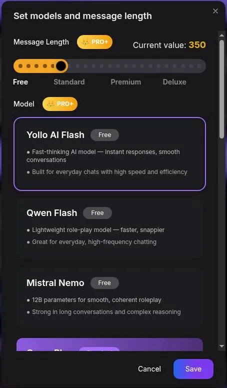Yollo AI model and message length dialog with three free chat models