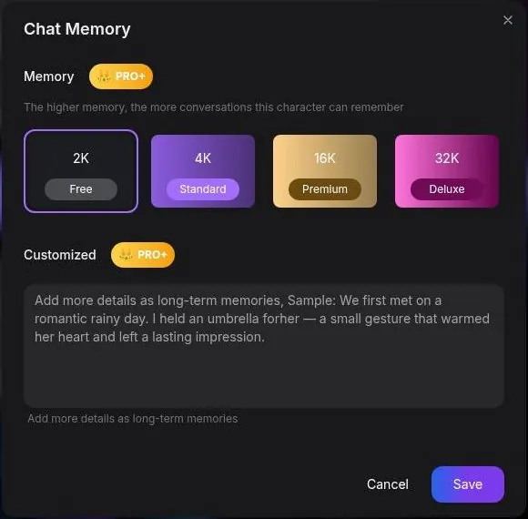 Yollo AI chat memory dialog with four memory sizes and a custom memory box