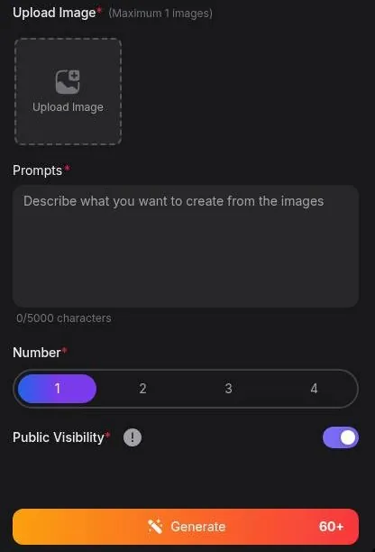 Yollo AI image to image form with an upload box and the public visibility switch on