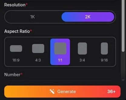 Yollo AI text to image resolution and aspect ratio controls