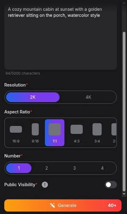 Yollo AI text to image form with a cabin prompt and public visibility off